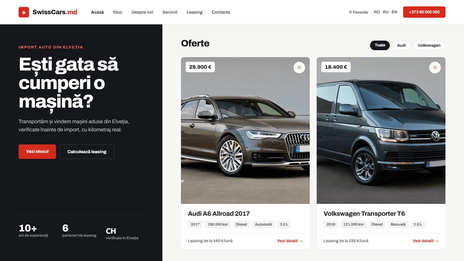 A car inventory website for an importer from Switzerland